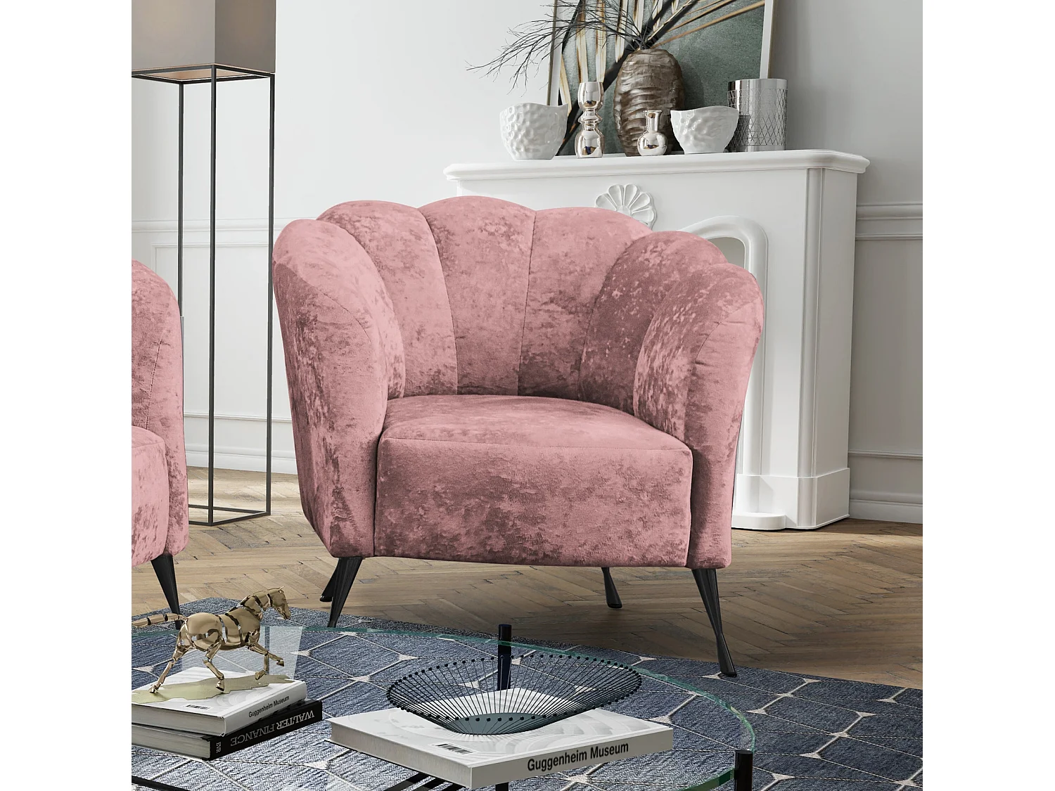 Fauteuil coquillage Adria - velours vieux rose pieds noirs