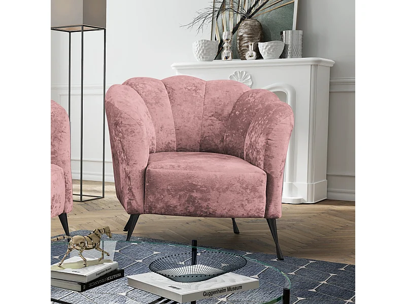 Fauteuil coquillage Adria - velours vieux rose pieds noirs