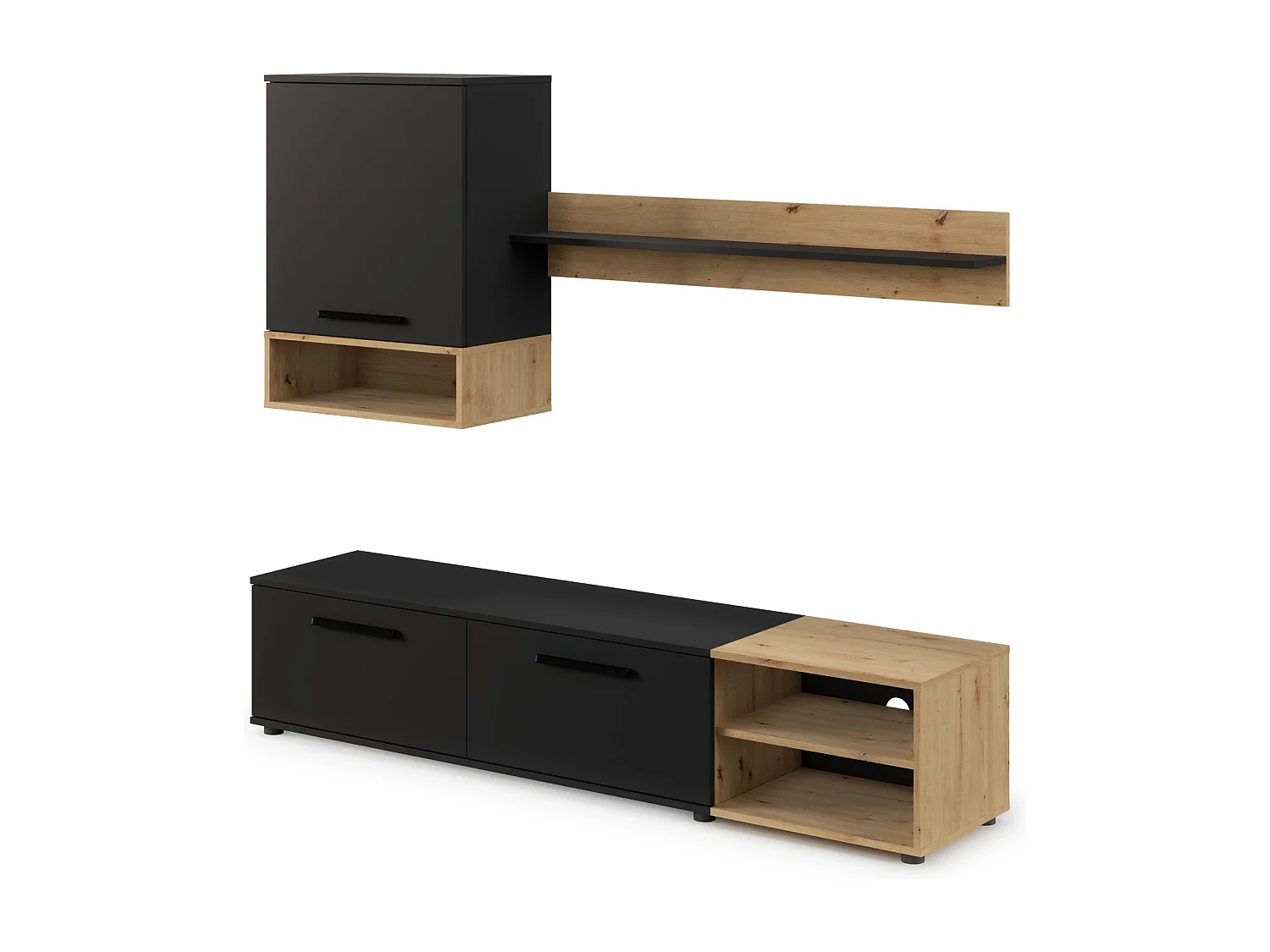 Ensemble mural TV Vento 180 cm - noir mat et chêne artisan