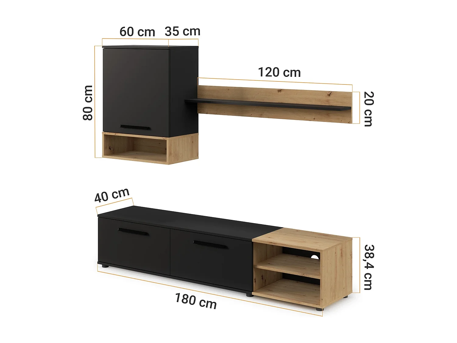 Ensemble mural TV Vento 180 cm - noir mat et chêne artisan