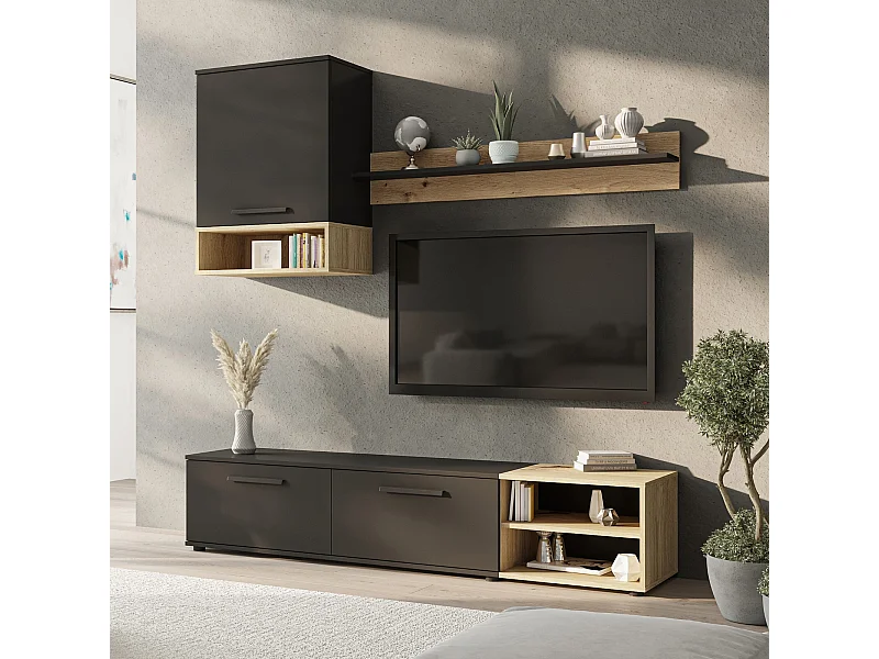 Ensemble mural TV Vento 180 cm - noir mat et chêne artisan