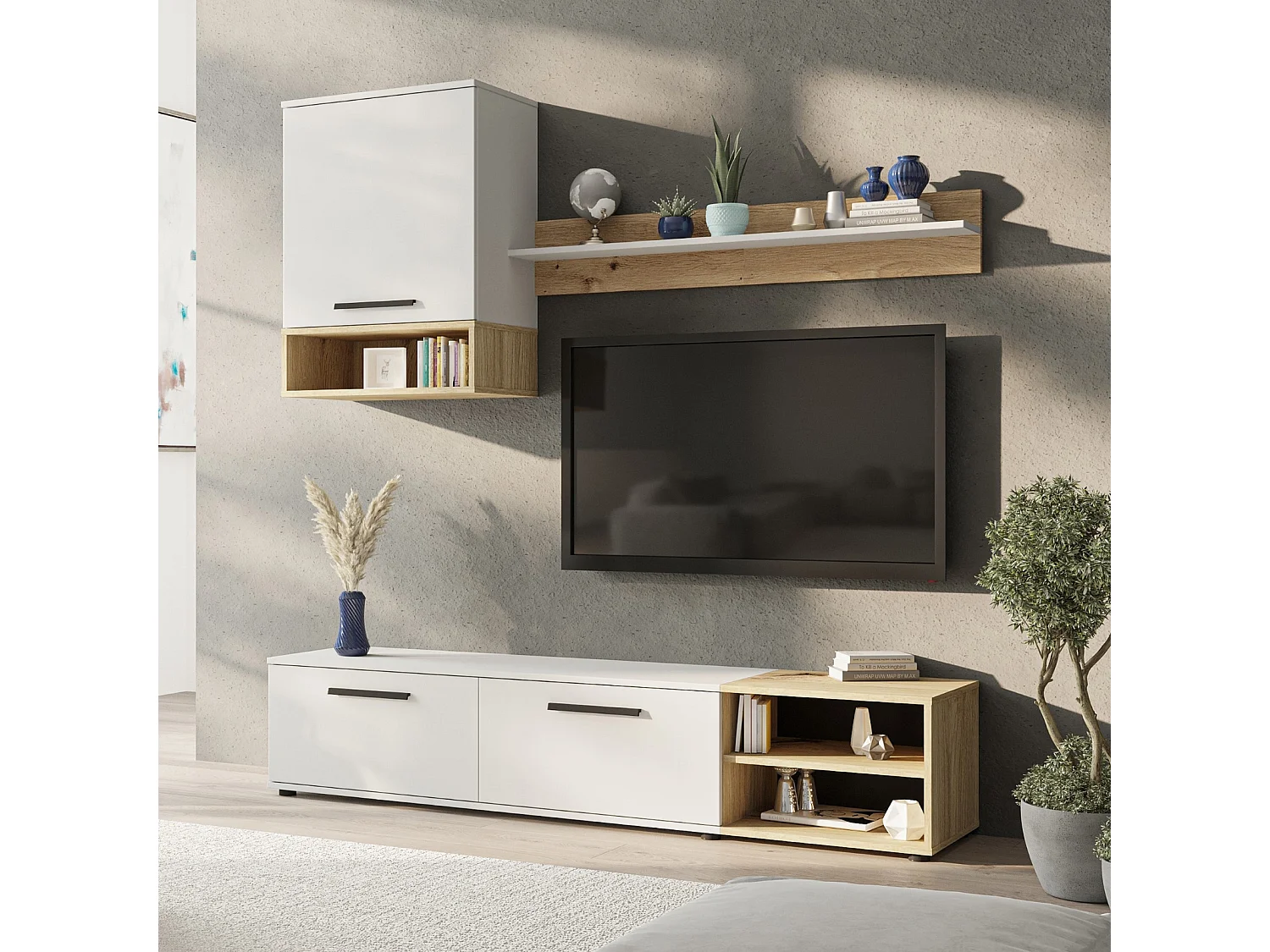 Ensemble mural TV Vento 180 cm - blanc mat et chêne artisan