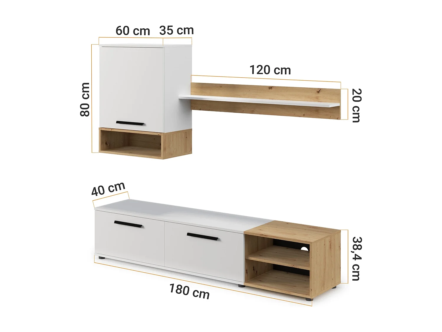 Ensemble mural TV Vento 180 cm - blanc mat et chêne artisan