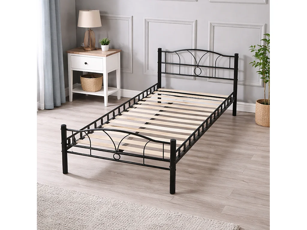 Lit Metal 90x190 Couleur Noir - Confort Optimal pour Usage Quotidien - Solidité Renforcée - Épaisseur Metal 0.75 mm - Cadre de Lit Moderne Adulte ou Enfant - LI