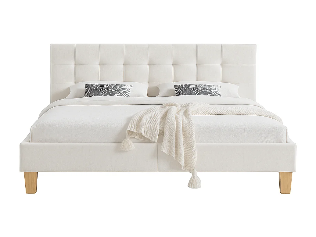Lit 140x200 Solide et Confortable - Tête de Lit Capitonnée Blanc - 13 Lattes en Bois pour un Soutien Optimal - Revêtement PVC Simili Facile d'Entretien - Montag