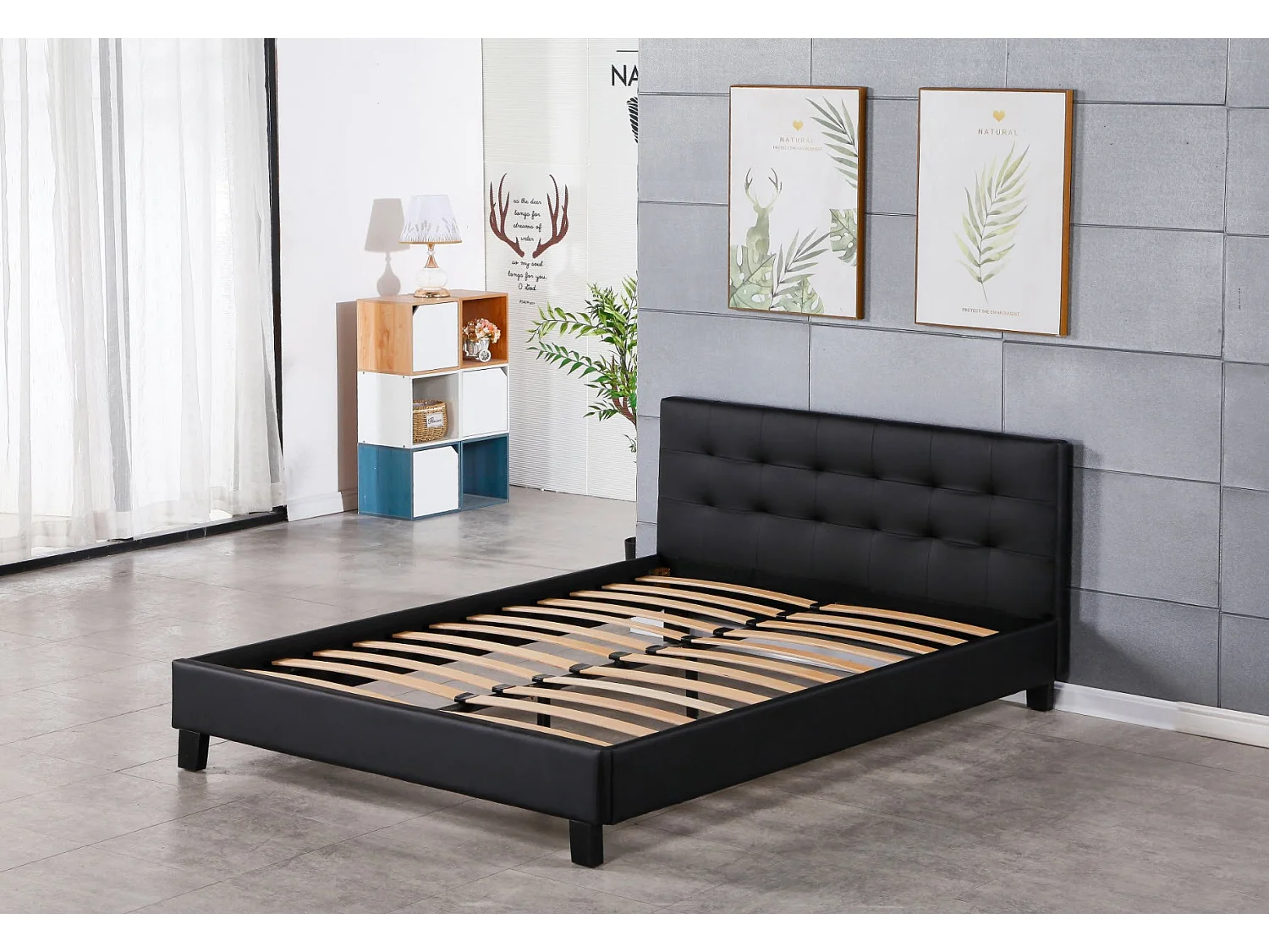 Lit 120x190 Solide et Confortable Tête de Lit Capitonnée NOIR Pieds 10 cm 13 Lattes Revêtement PVC Simili Facile d'entretien Montage Rapide et Facile LIT FREDER
