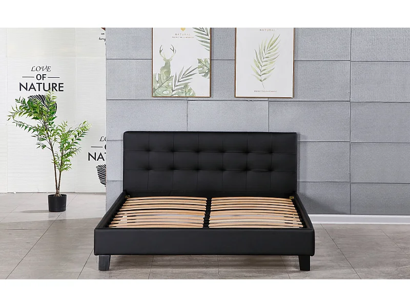 Lit 140x190 cm Solide et Confortable - Tête de Lit Capitonnée NOIR - Pieds 10 cm - 13 Lattes - Revêtement PVC Simili Facile d'entretien - Montage Rapide et Faci