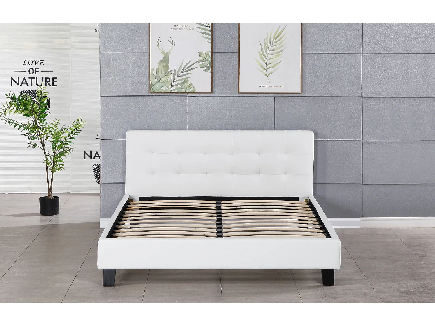 Lit 160x200 Solide et Confortable - Tête de Lit Capitonnée Coloris Blanc - 13 Lattes en Bois pour un Soutien Optimal - Revêtement PVC Simili Facile d'Entretien