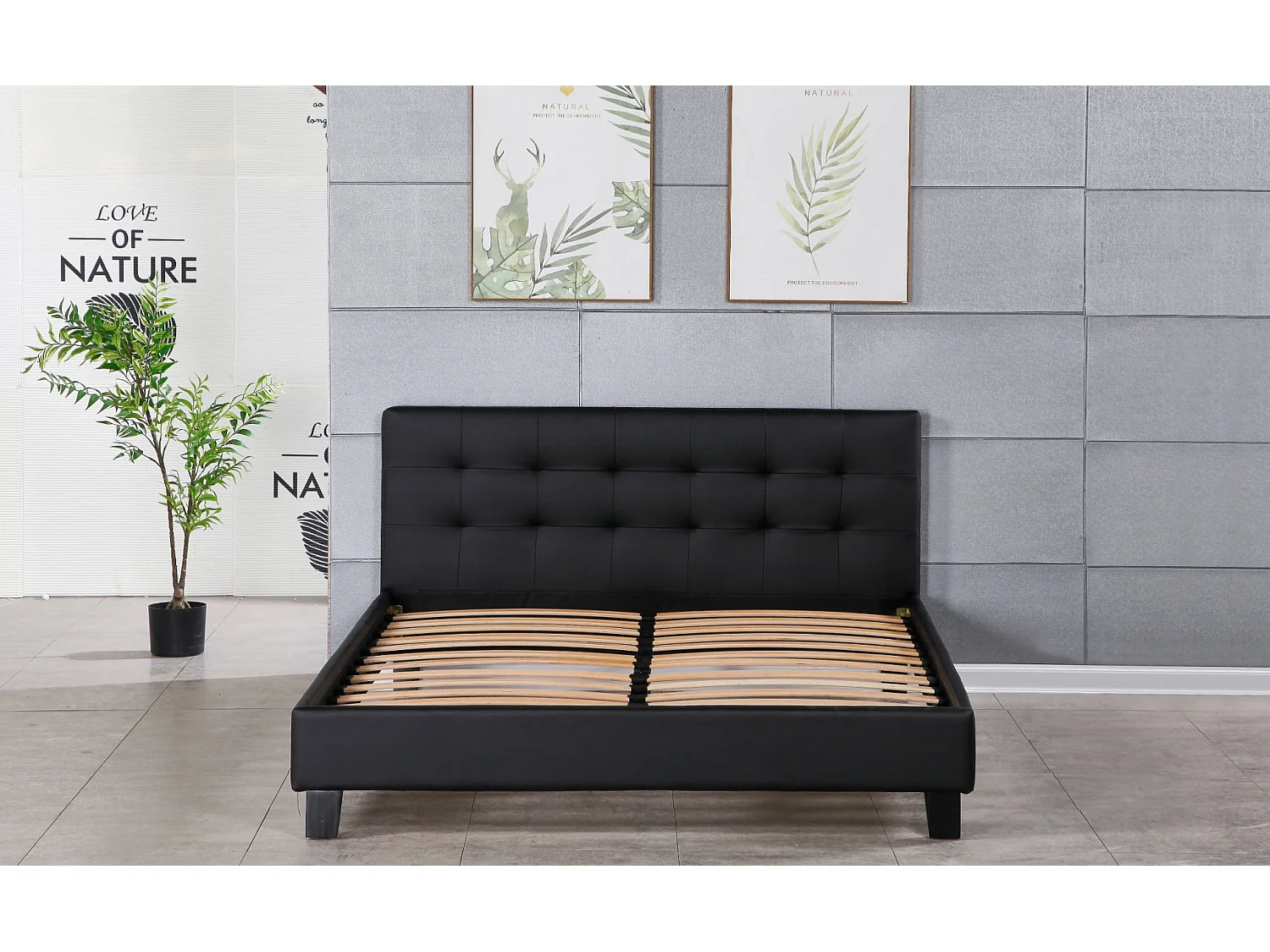 Lit 140x200 Solide et Confortable - Tête de Lit Capitonnée NOIR - Pieds 10 cm - 13 Lattes - Revêtement PVC Simili Facile d'entretien - Montage Rapide et Facile