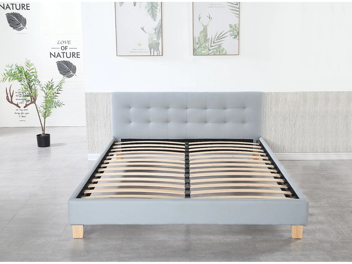 Lit 120x190 Confortable avec Sommier et Tête de Lit Capitonnée - Couleur GRIS - 13 Lattes - Revêtement PVC Simili - Montage Rapide et Facile - LIT FREDERIC GRIS