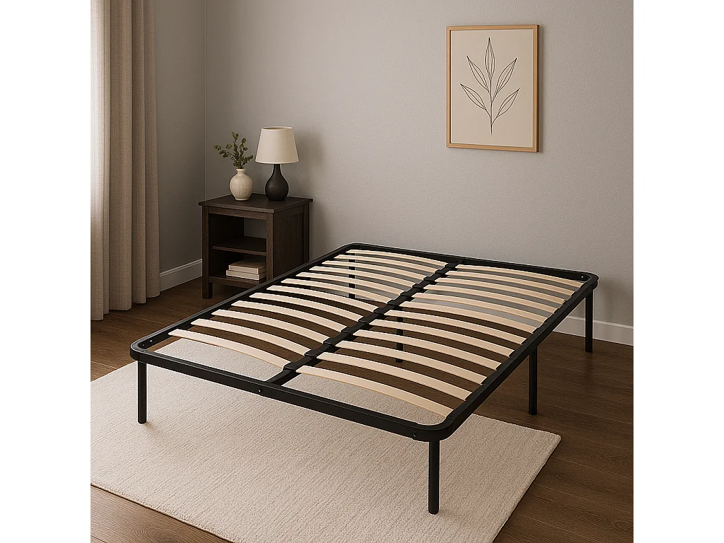 Sommier Metal 140x190 - Cadre à lattes Julie - Épaisseur métal 1,2 mm - 14 lattes en 9 mm - Pieds 29 cm - Longévité et durabilité