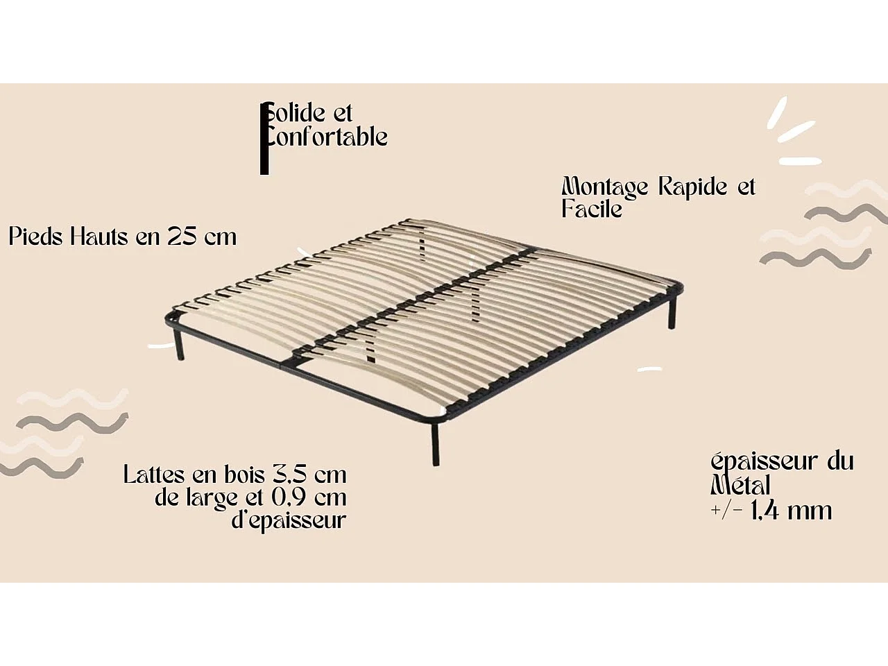 Sommier 120x200 Cadre à Lattes Renforcé Métal 1,4 mm 34 Lattes 9 mm et 3,5 cm Soutien Réglable - 4 Pieds x 29 cm Confort Optimisé Usage Quotidien - CADRE A LATT