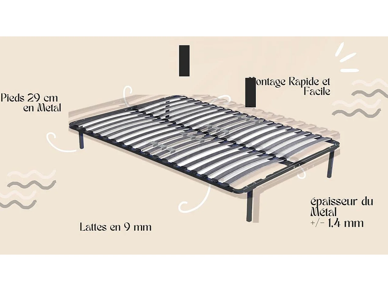 Sommier 140x190 cm Noir Cadre à lattes Renforcé - Compatible avec tous matelas - Soutien réglable - 17 lattes en 9mm - Structure métal 1,2 mm - CADRE A LATTE MARION