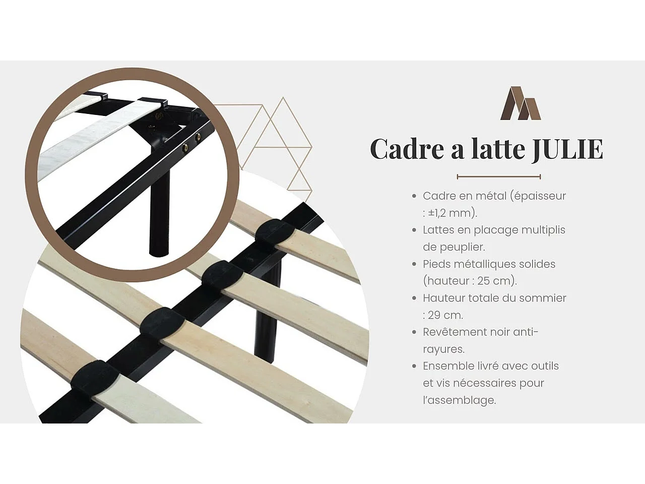 Sommier Metal 70x190 Cadre à lattes Julie - Épaisseur Metal 1,2 mm - 14 lattes en 9 mm - Pieds 29 cm - Durabilité