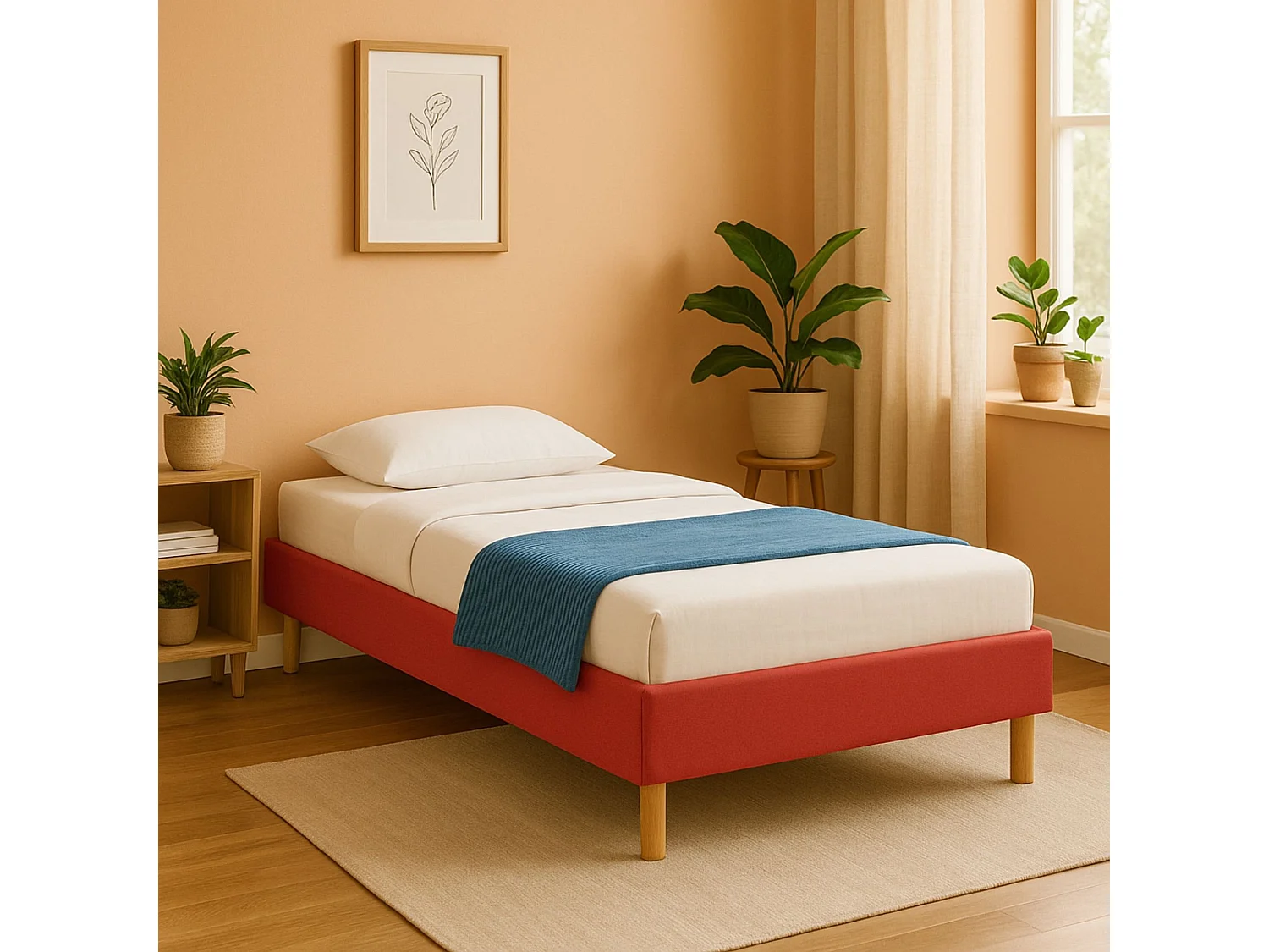 Gregory - Solide et Confortable Sommier Tapissier Rouge + Pieds en 20 cm pour Matelas en 90x190-13 Lattes