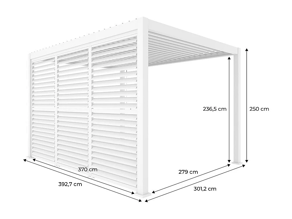 Pergola bioclimatique aluminium 4x3m blanc + 3 persiennes 130cm à lames orientables Triomphe
