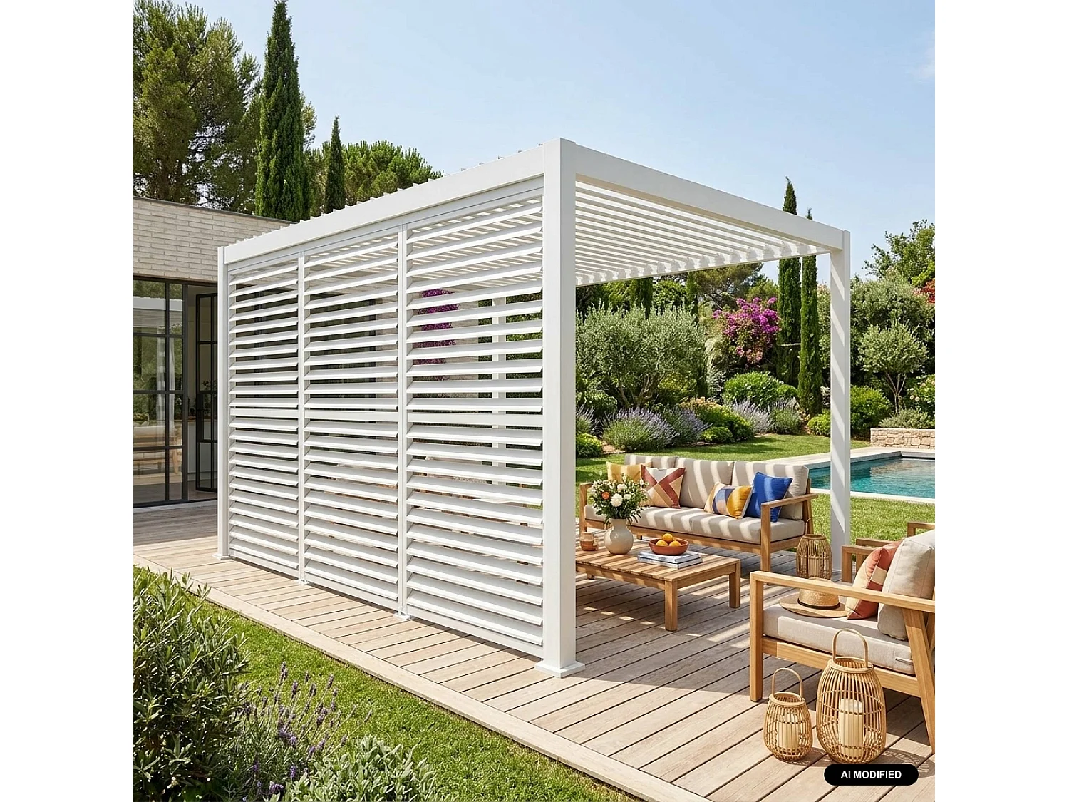Pérgola bioclimática 3x4m de aluminio + 3 persianas de 1.3m, Blanco