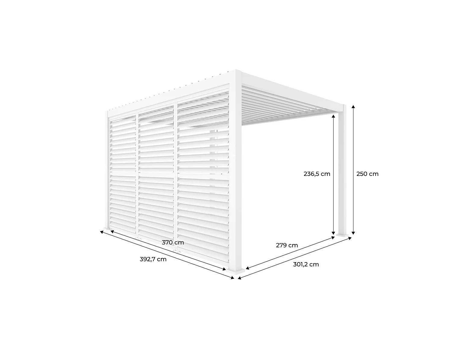 Pérgola bioclimática 3x4m de aluminio + 3 persianas de 1.3m, Blanco