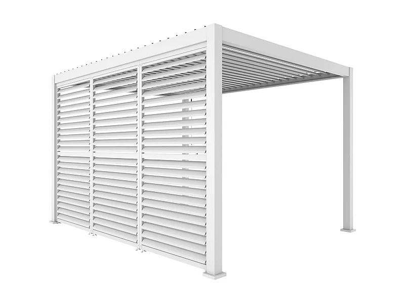 Pergola bioclimatique aluminium 4x3m blanc + 3 persiennes 130cm à lames orientables Triomphe