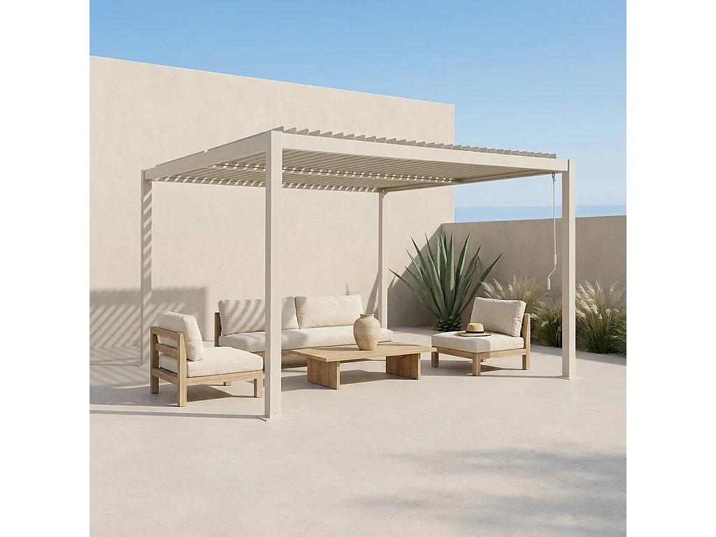 Pérgola bioclimática de aluminio y acero con lamas orientables,
