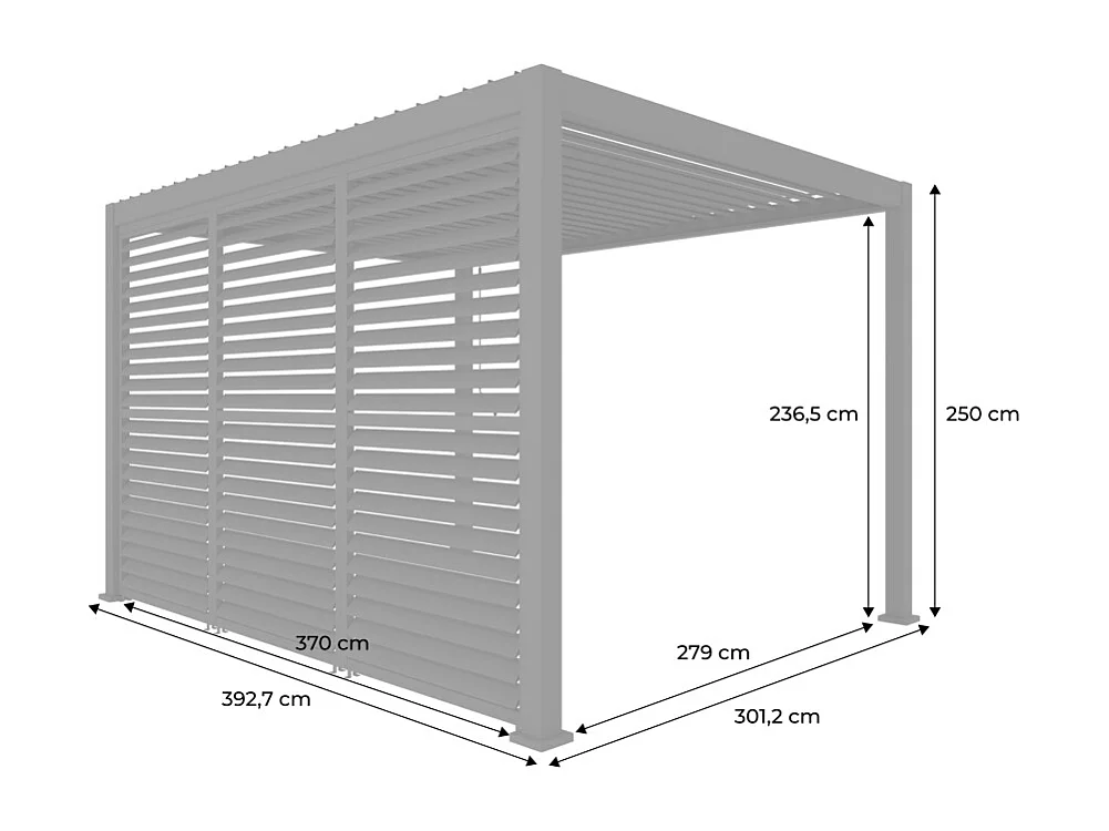 Pergola bioclimatique aluminium 4x3m anthracite + 3 persiennes 130cm à lames orientables Triomphe