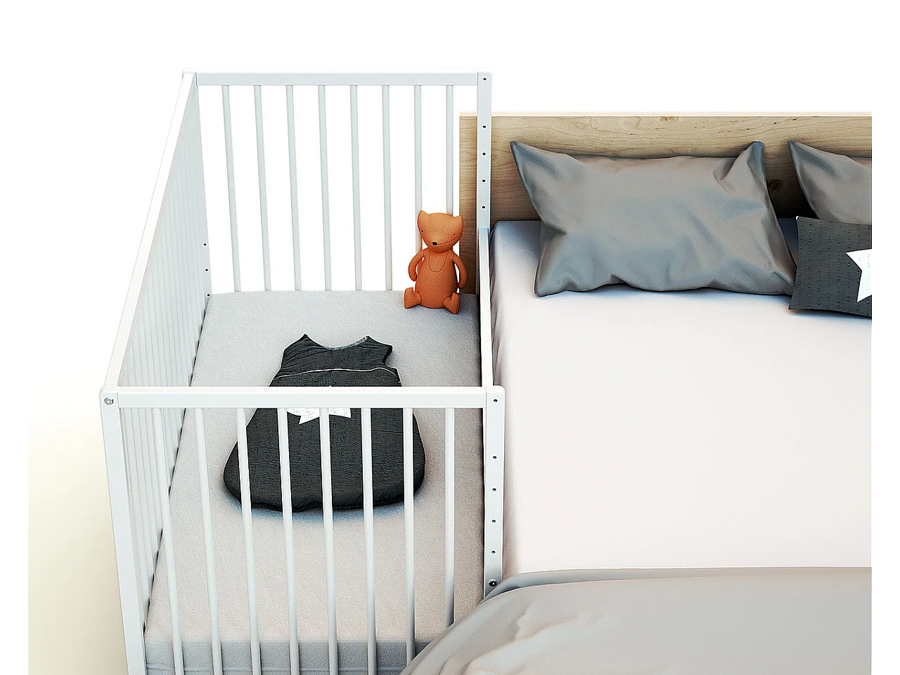 Cuna bebe colecho madera con ruedas - Blanco - 60 x 120 - 124 x 64,5 x 81 cm LIO