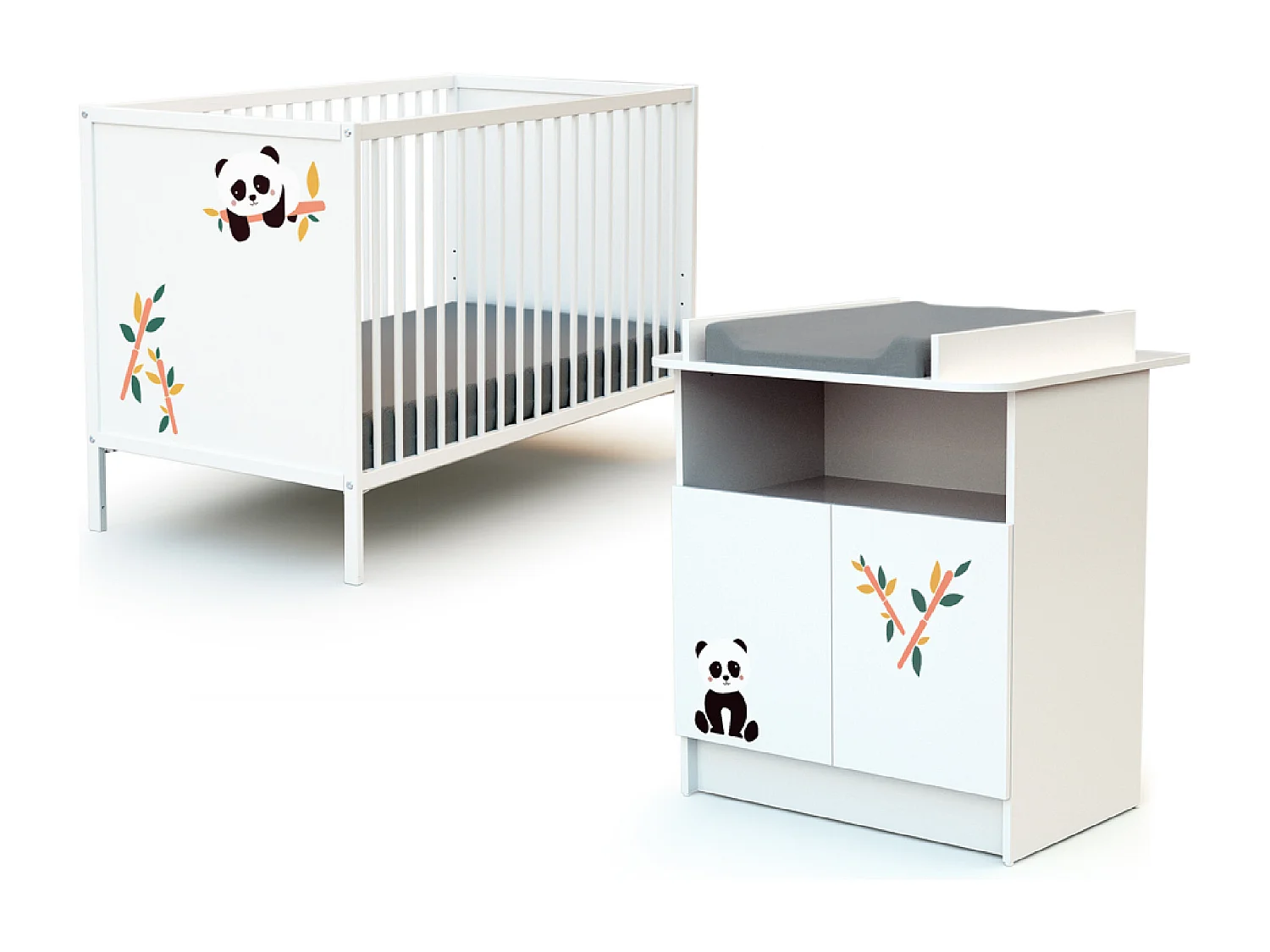 Lettino bambini e cassettiera fasciatoio PANDA legno ALBA - Bianco - 60 x 120