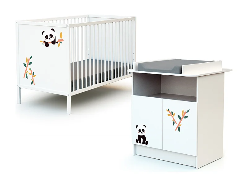 Lettino bambini e cassettiera fasciatoio PANDA legno ALBA - Bianco - 60 x 120
