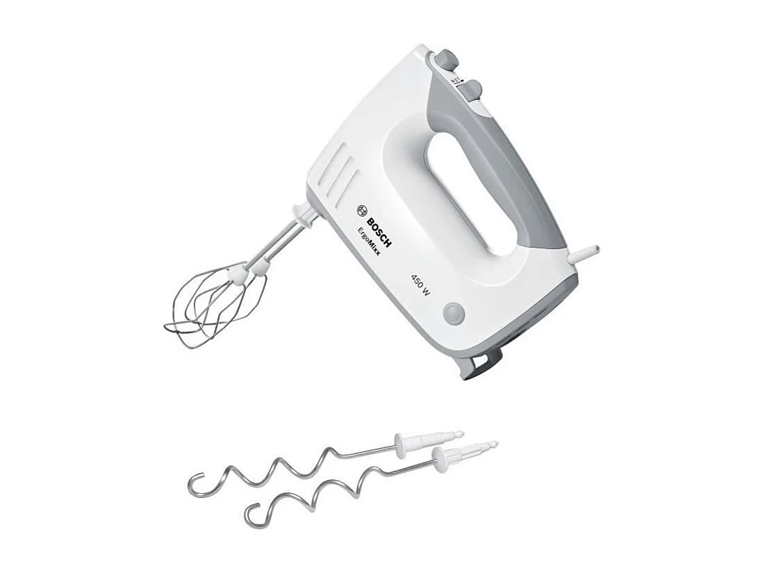 Batteur ErgoMixx 450 W - BOSCH MFQ36400 blanc/gris - 5 vitesses+turbo - 2 fouets inox - 2 crochets pétrisseurs inox -