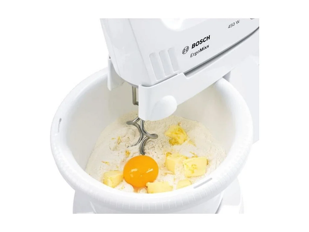 Batteur ErgoMixx 450 W - BOSCH MFQ36400 blanc/gris - 5 vitesses+turbo - 2 fouets inox - 2 crochets pétrisseurs inox -