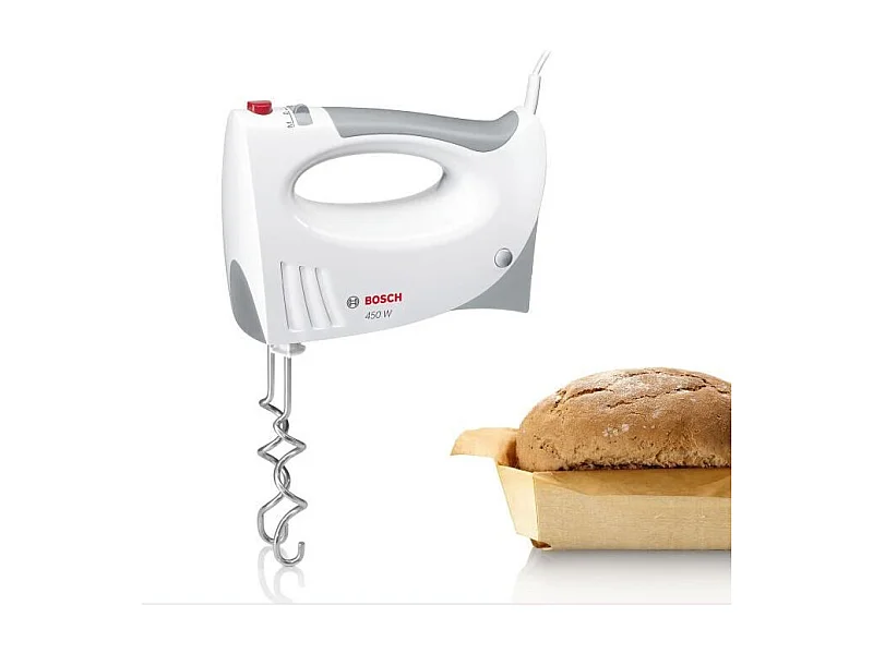 Batidora de mano CleverMixx de 450 W - 5 velocidades - 2 varillas de acero inoxidable / 2 ganchos para amasar - Blanca / Gris