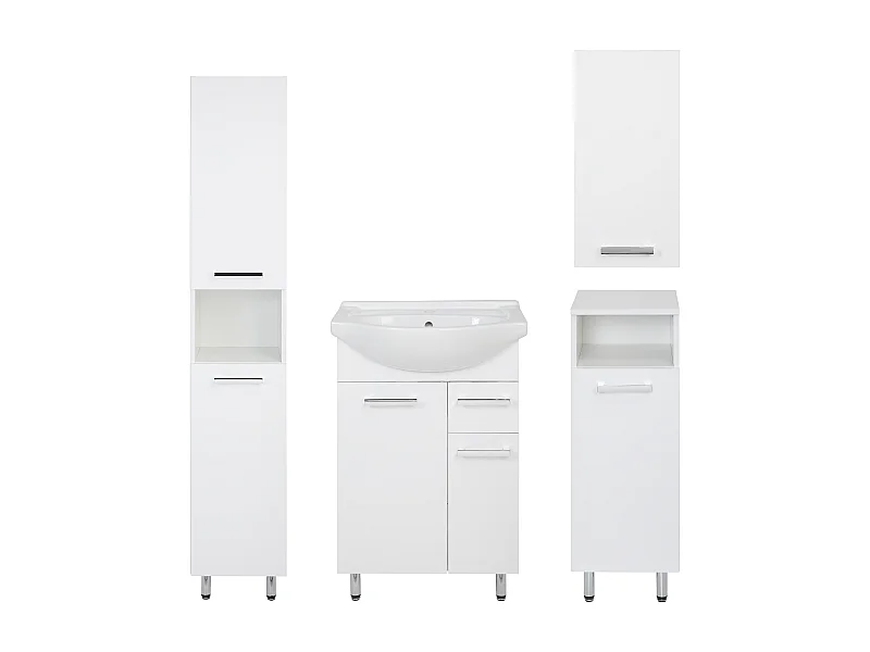 Conjunto blanco para baño de pie 55 cm Armario con lavabo Columna Semicolumna Armario superior Lupo