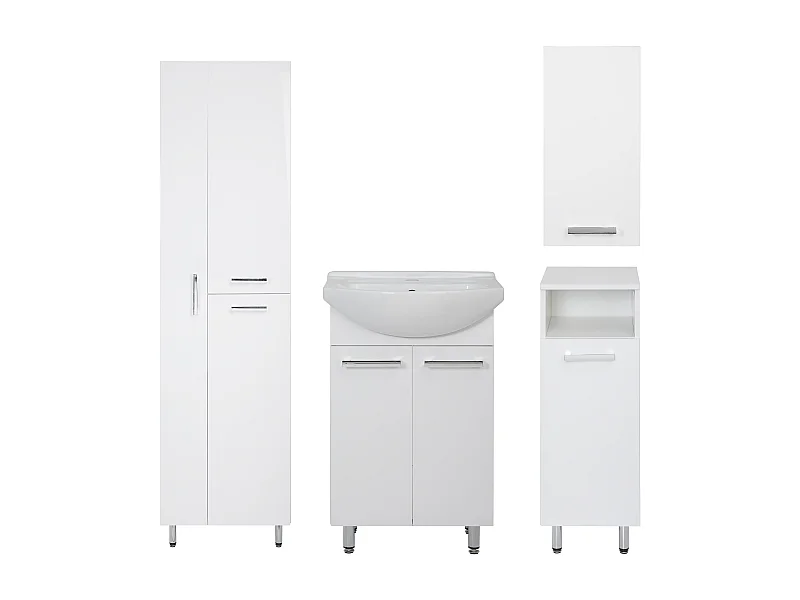 Conjunto blanco para baño de pie, 50 cm. Armario con lavabo. Columna con hueco para fregona, 55 cm. Media columna. Armario superior Lupo.
