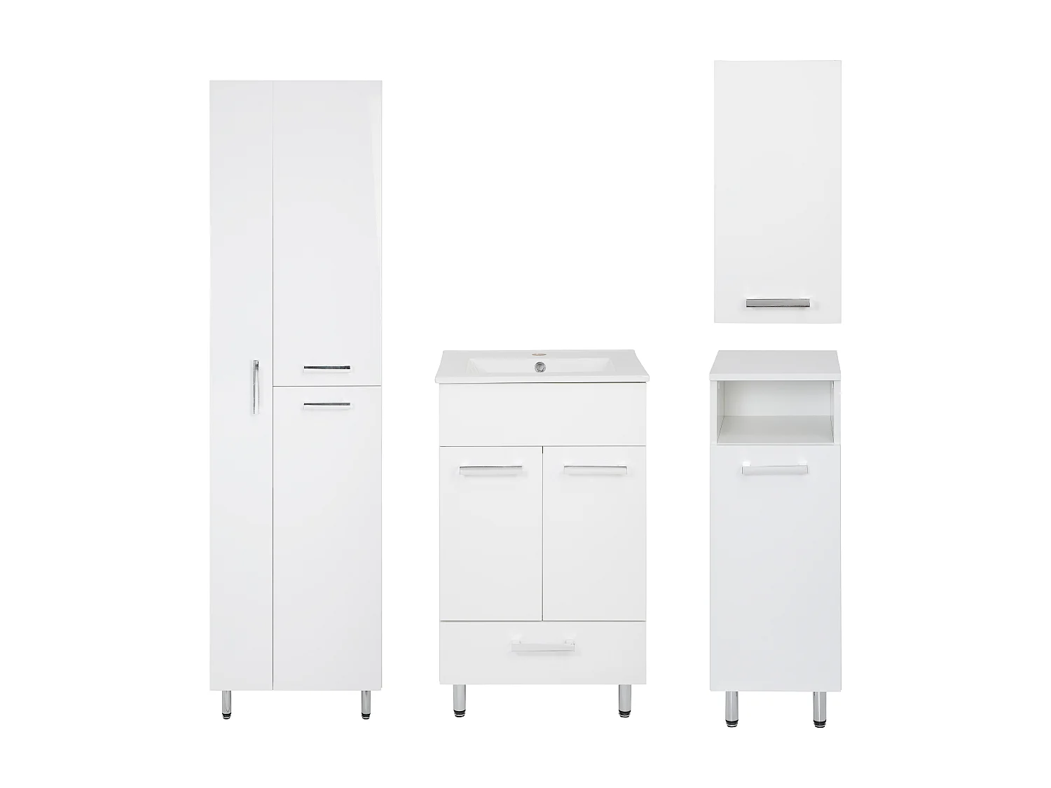 Conjunto blanco para baño de pie, 50 cm. Armario con lavabo. Columna con hueco para fregona, 55 cm. Media columna. Armario superior Lupo.