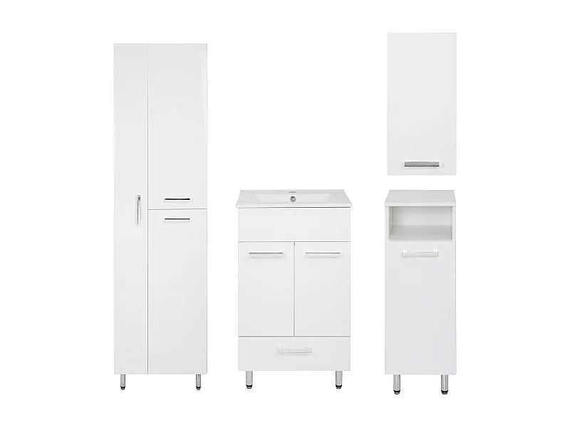 Conjunto blanco para baño de pie, 50 cm. Armario con lavabo. Columna con hueco para fregona, 55 cm. Media columna. Armario superior Lupo.