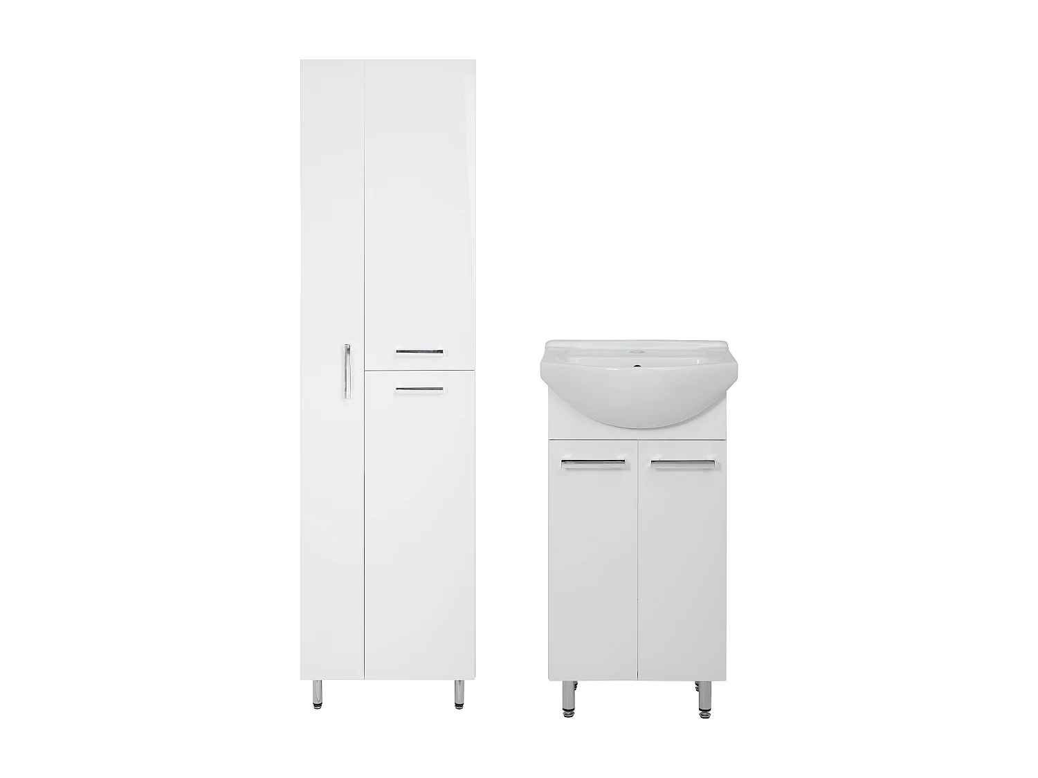 Weißes Badezimmer-Set, stehend, 45 cm, Schrank mit Waschbecken, Säule mit Moppfach Lupo