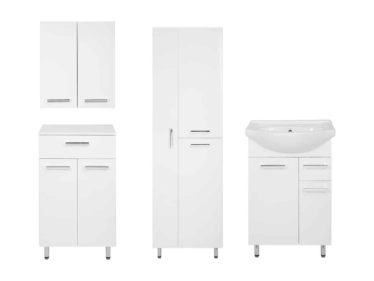 Conjunto de baño blanco de pie, 55 cm, armario con lavabo, poste para fregona, cómoda, armario superior Lupo