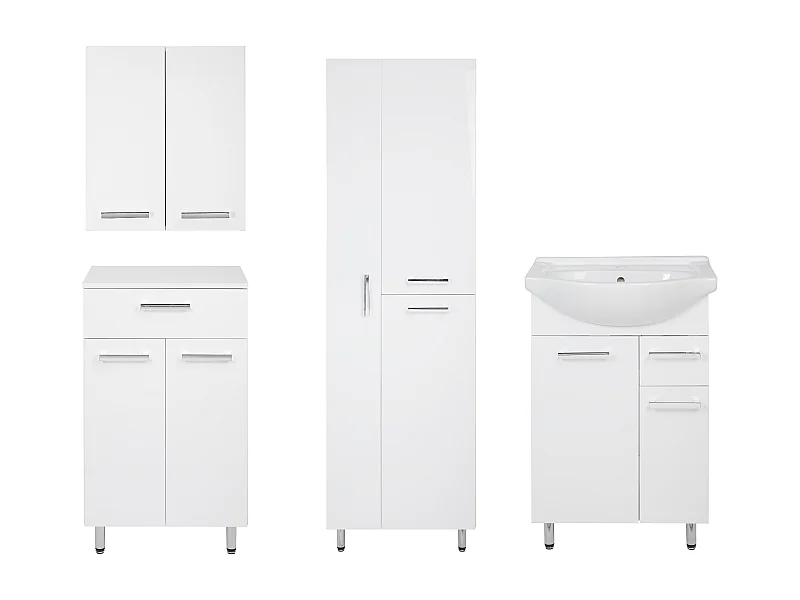 Conjunto de baño blanco de pie, 55 cm, armario con lavabo, poste para fregona, cómoda, armario superior Lupo