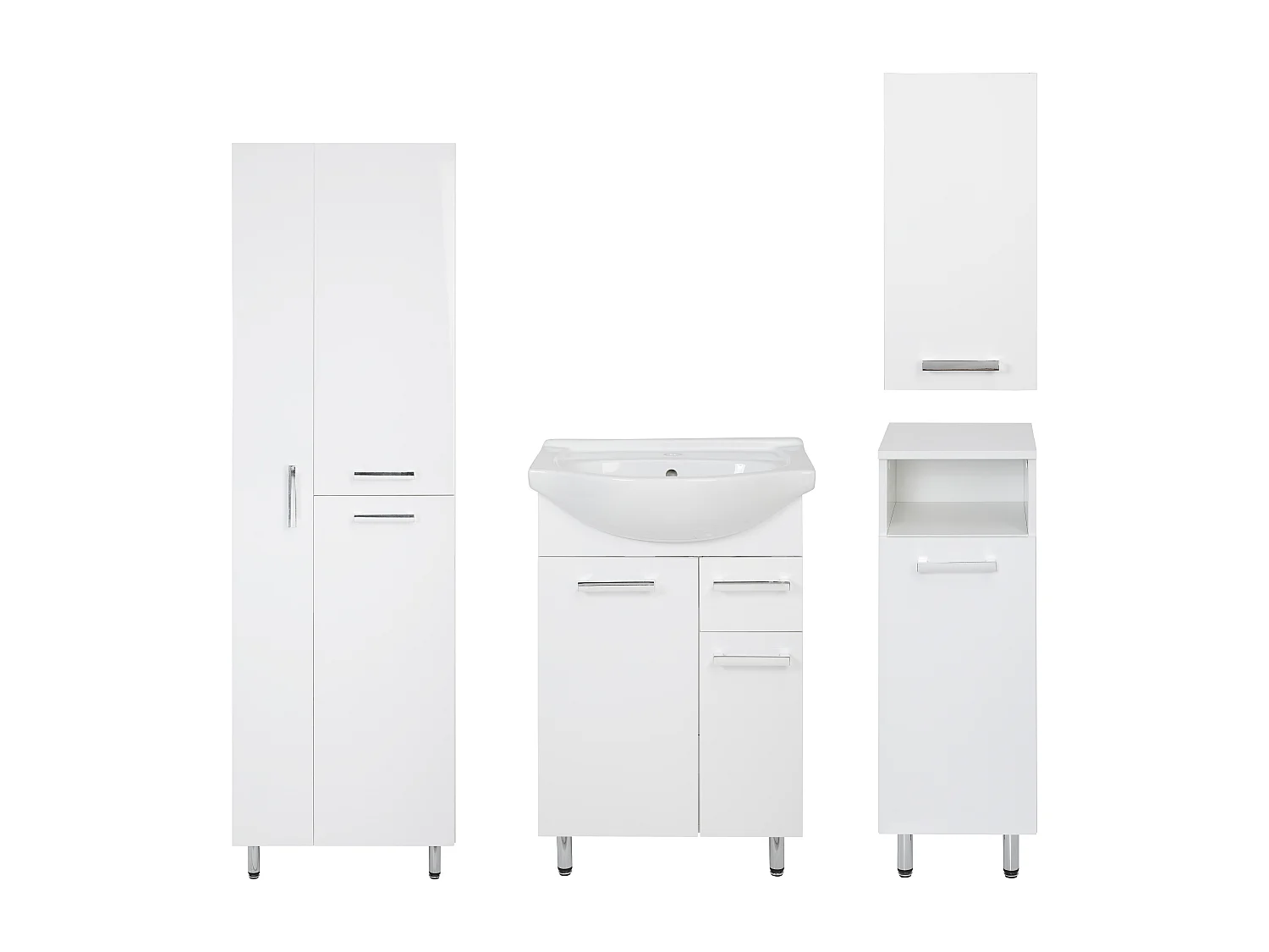 Set da bagno bianco con lavabo da appoggio 55 cm, armadio con lavabo, supporto per scopa, semicolonna, armadio pensile Lupo