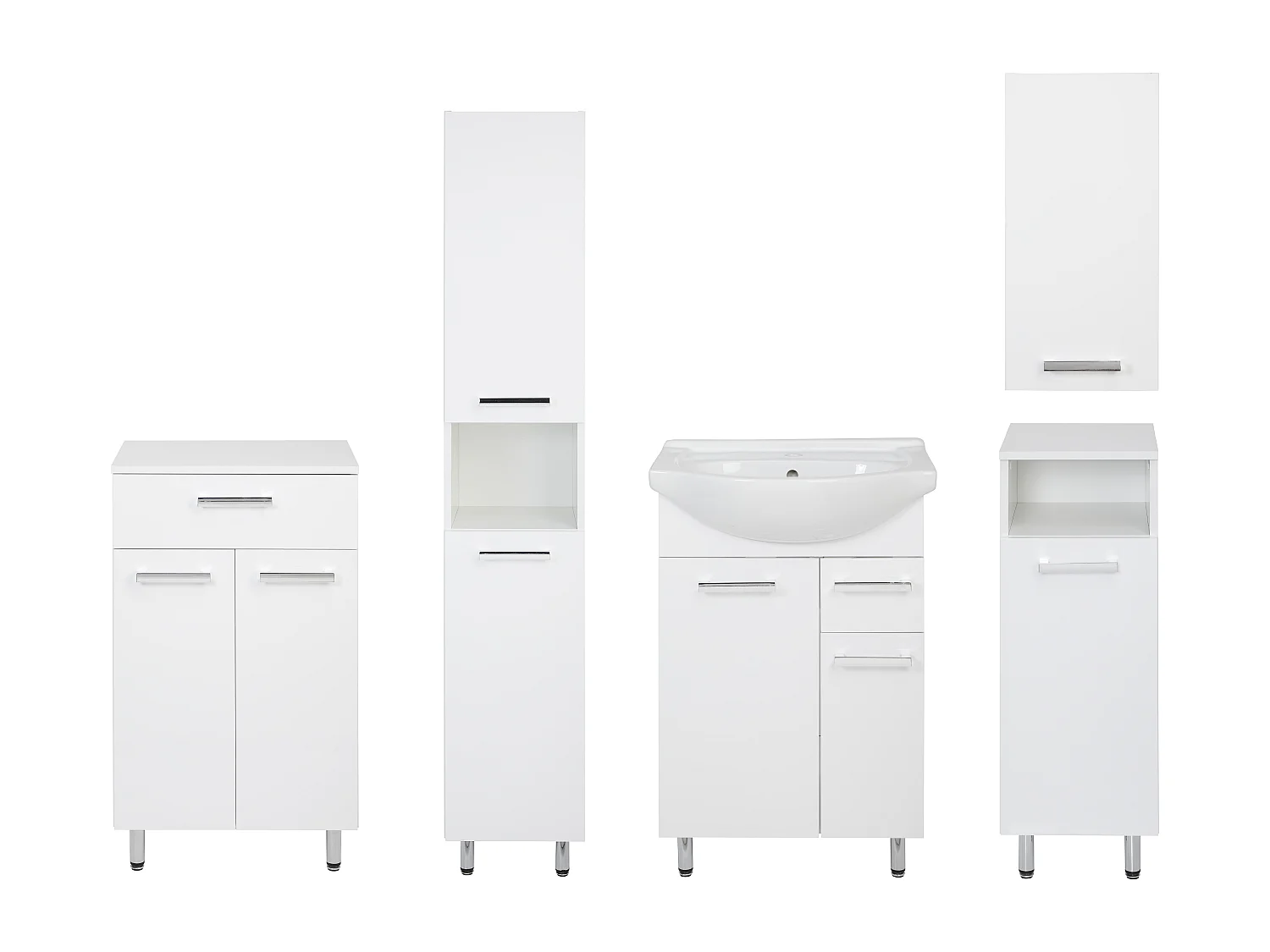 Conjunto blanco para baño de pie 55 cm Armario con lavabo Columna Semicolumna Cómoda Armario superior Lupo