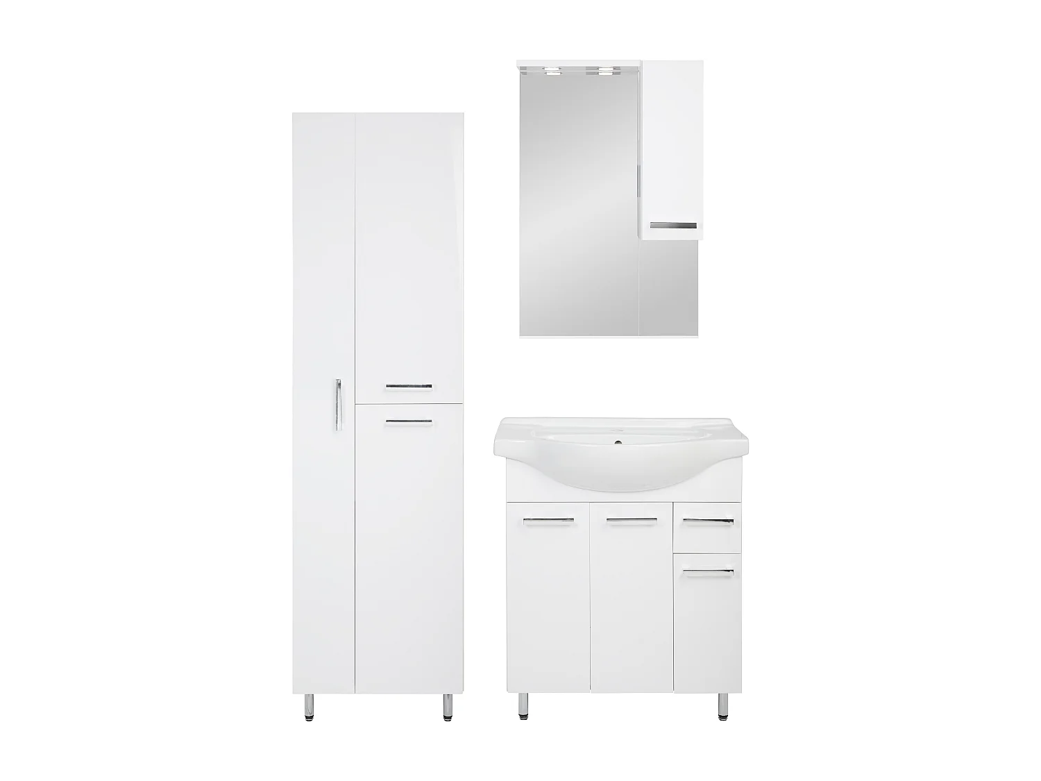 Conjunto blanco para baño de pie, 75 cm, armario con lavabo, poste para fregona, armario con espejo Lupo.