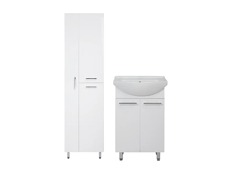 Conjunto blanco para baño de pie, 50 cm, armario con lavabo, columna con hueco para fregona, 55 cm, Lupo