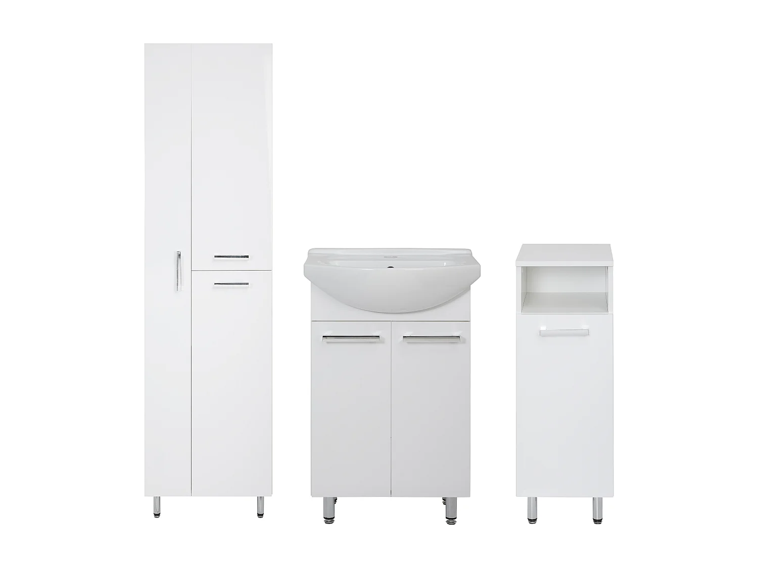 Conjunto blanco para baño de pie, 50 cm, armario con lavabo, columna con hueco para fregona, 55 cm, semicolumna Lupo.