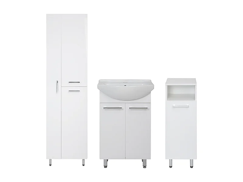 Conjunto blanco para baño de pie, 50 cm, armario con lavabo, columna con hueco para fregona, 55 cm, semicolumna Lupo.