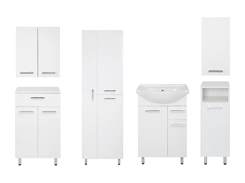 Conjunto blanco para baño de pie, 55 cm. Armario con lavabo. Columna para fregona. Medio pilar. Cómoda. Armarios superiores. Lupo.
