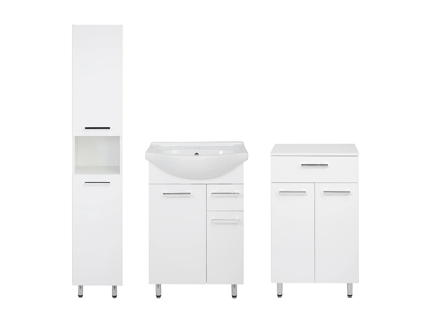 Weißes Badezimmer-Set, stehend, 55 cm, Waschbeckenunterschrank, Säule, Kommode Lupo