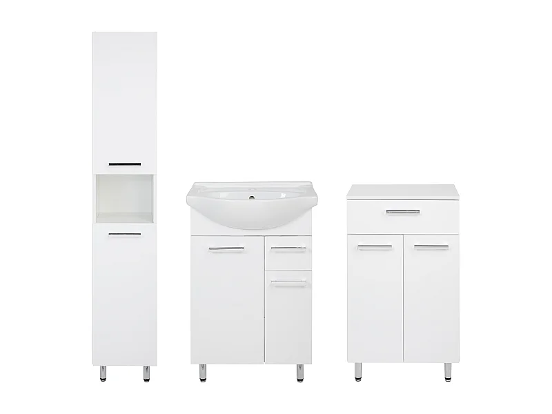 Conjunto blanco para baño de pie, 55 cm, armario con lavabo, columna, cómoda Lupo