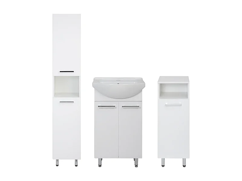 Conjunto blanco para baño de pie, 50 cm, armario con lavabo, columna, semicolumna  Lupo