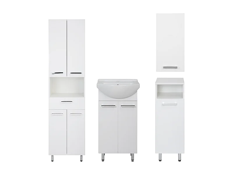 Weißes Badezimmer-Set, stehend, 45 cm, Waschbeckenunterschrank  Halbsäule, Oberschrank Lupo