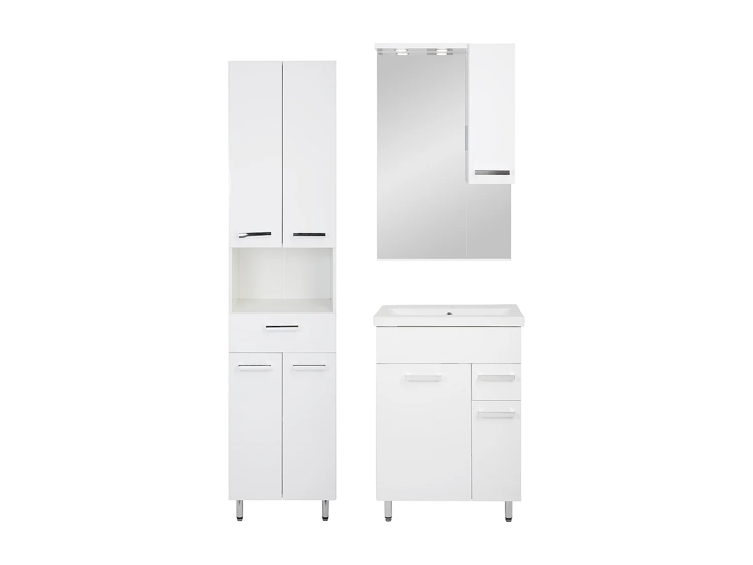 Conjunto blanco para baño de pie 60 cm Armario con lavabo Columna 50 cm Armario con espejo Lupo